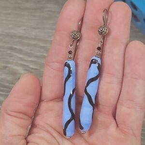 925 Sterling Silver Blue Glass 3" Dangle Earrings